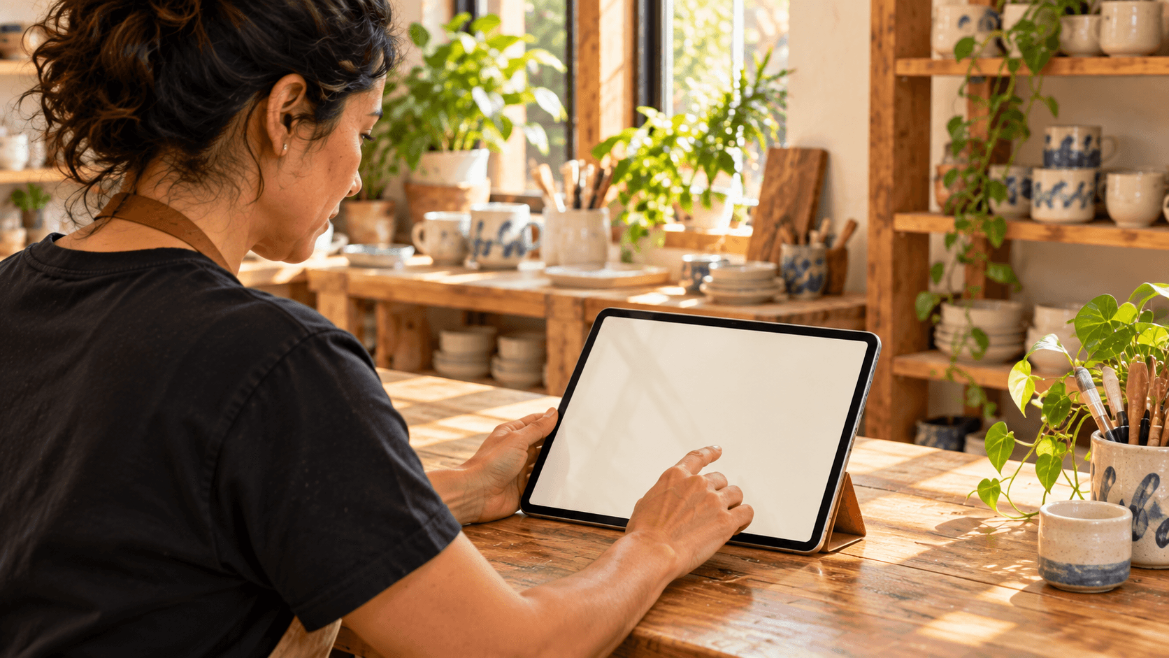 Dueña de negocio revisando conversaciones en una tablet